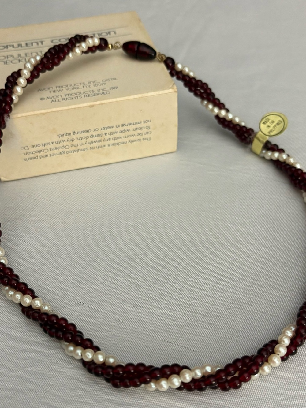 Vintage Avon 1981 Opulent Torsade Necklace Faux Garnet Pearl NOS 18.5”